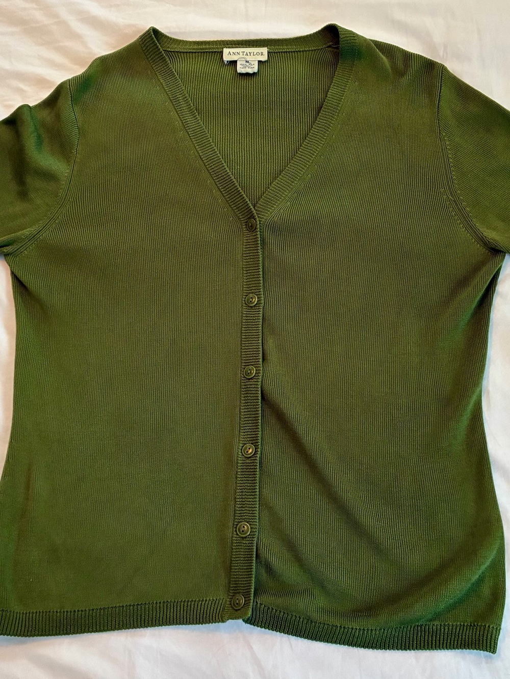 Ann Taylor Olive Green Button Front V-Neck Cardigan